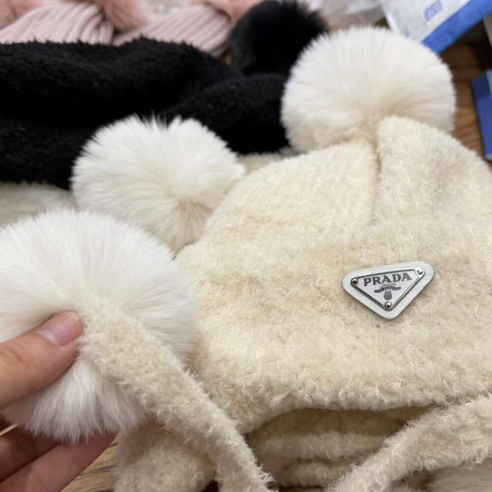 Prada Fuzzy Knit Earflap Hat with Pom Poms - Picture 2 of 4